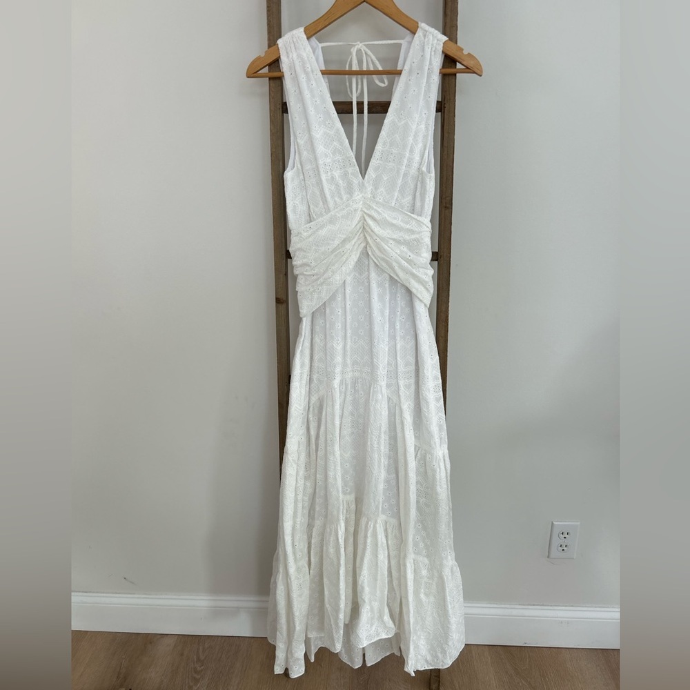 MISA KSENIA White Eyelet Maxi Dress Deep V-Neck Wrap Belt Open Back Size S NWT